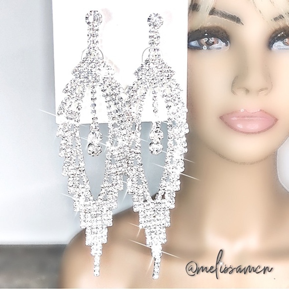 Long 4.5" White Rhinestone Chandelier CLIP Earrings Formal Bridal Pageant
